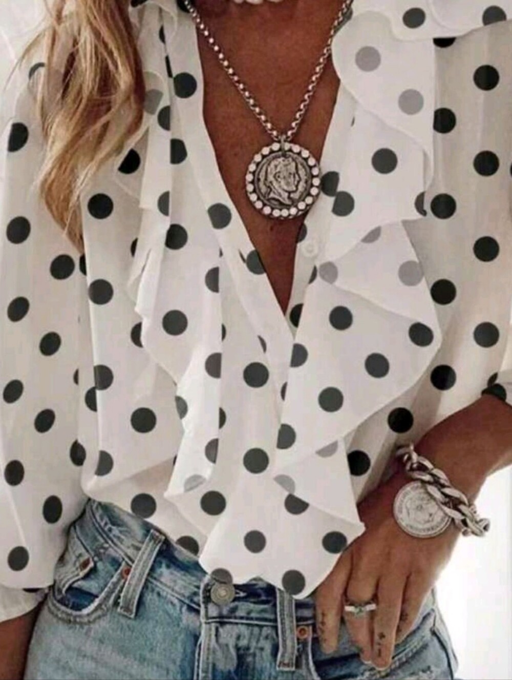 Lana West Chiffon White w/Black Polka Dots V-neck Blouse Size S/M BNWOT $59